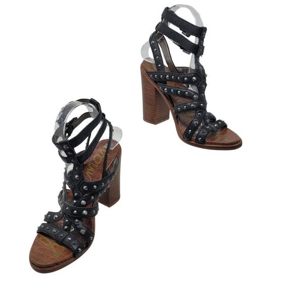 Sam Edelman Keith Gladiator Leather Studded Heeled Sandals 8 Black Strappy - Picture 1 of 11